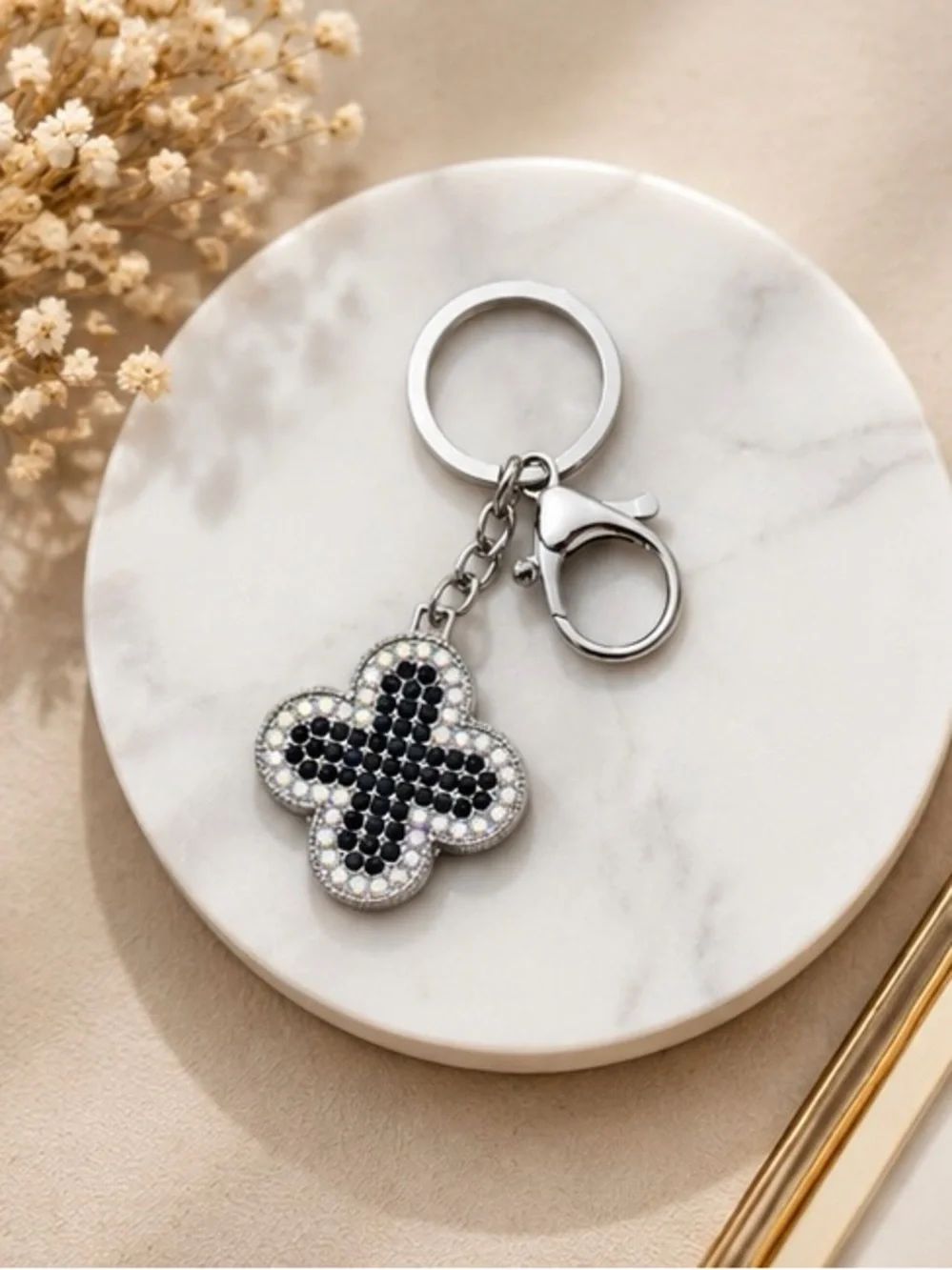 Silver Keyring with Black & White Crystal Clover Charm